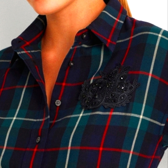 Lauren Ralph Lauren Tops - Lauren Ralph Lauren twill cotton plaid  lace bullion patch shirt nwt